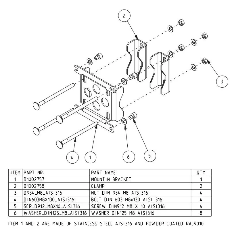 Stainless steel mounting kit parts